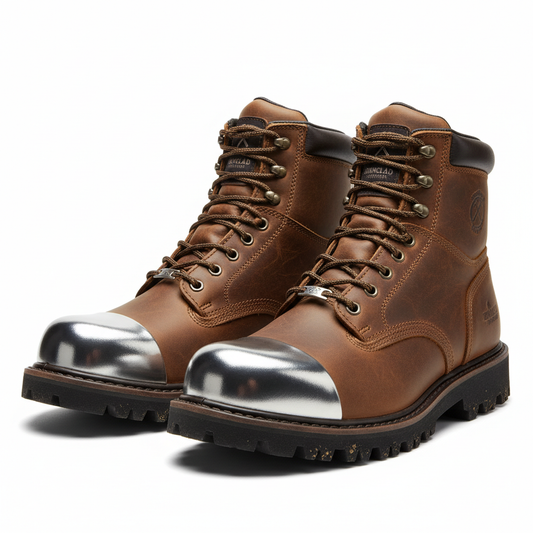 Rugged Work Boots - Brown Leather Steel Toe